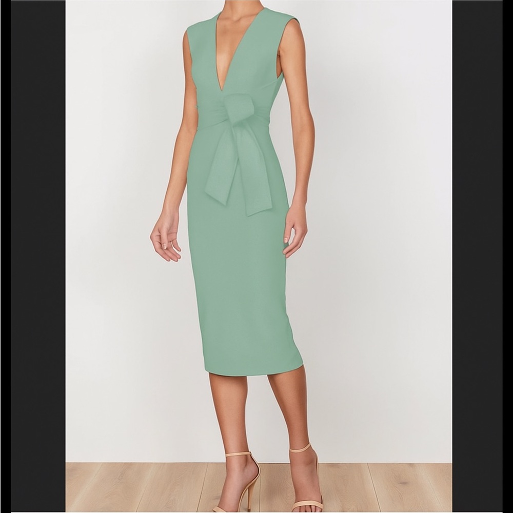 Shona Joy Lucy Plunged Light Sage Green Midi Dress Waist Tie Size 8